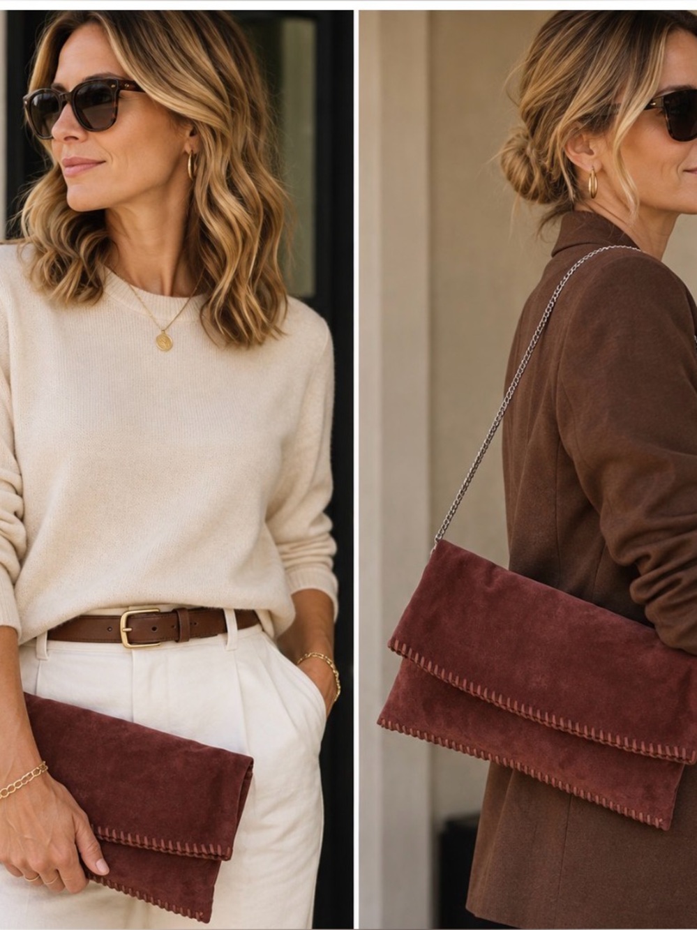 NWT All Saints Brandy/Brick Brown Suede Fold-Over Clutch with Chain Strap